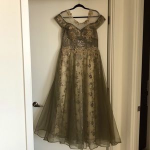 Exquisite beaded gown. Fully lined. Size 14-16.  Lace up back. Moss gray green.